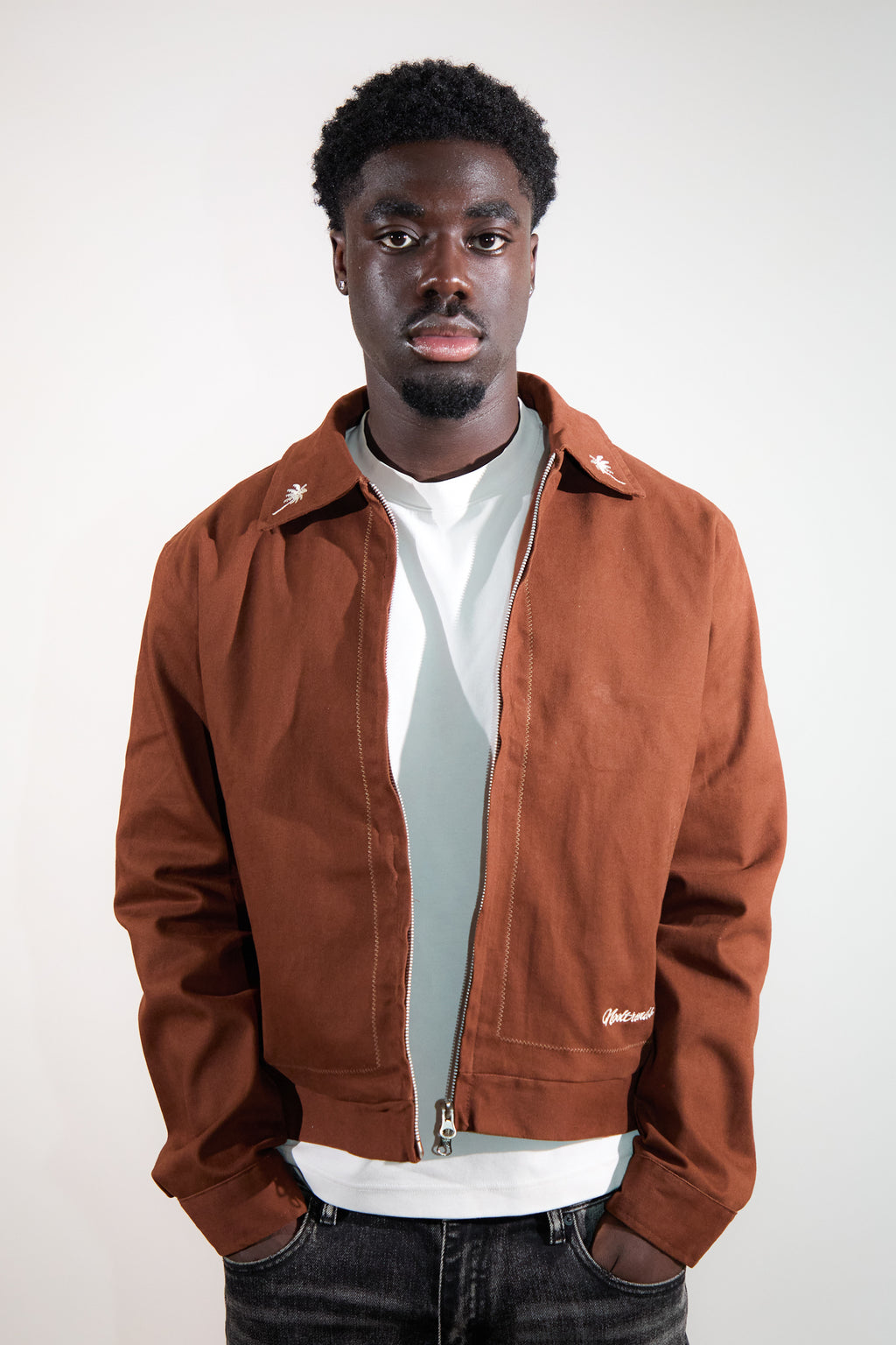 Mocha Palmeraie Jacket by Nooltrends unisex cotton jacket with palm tree embroidery