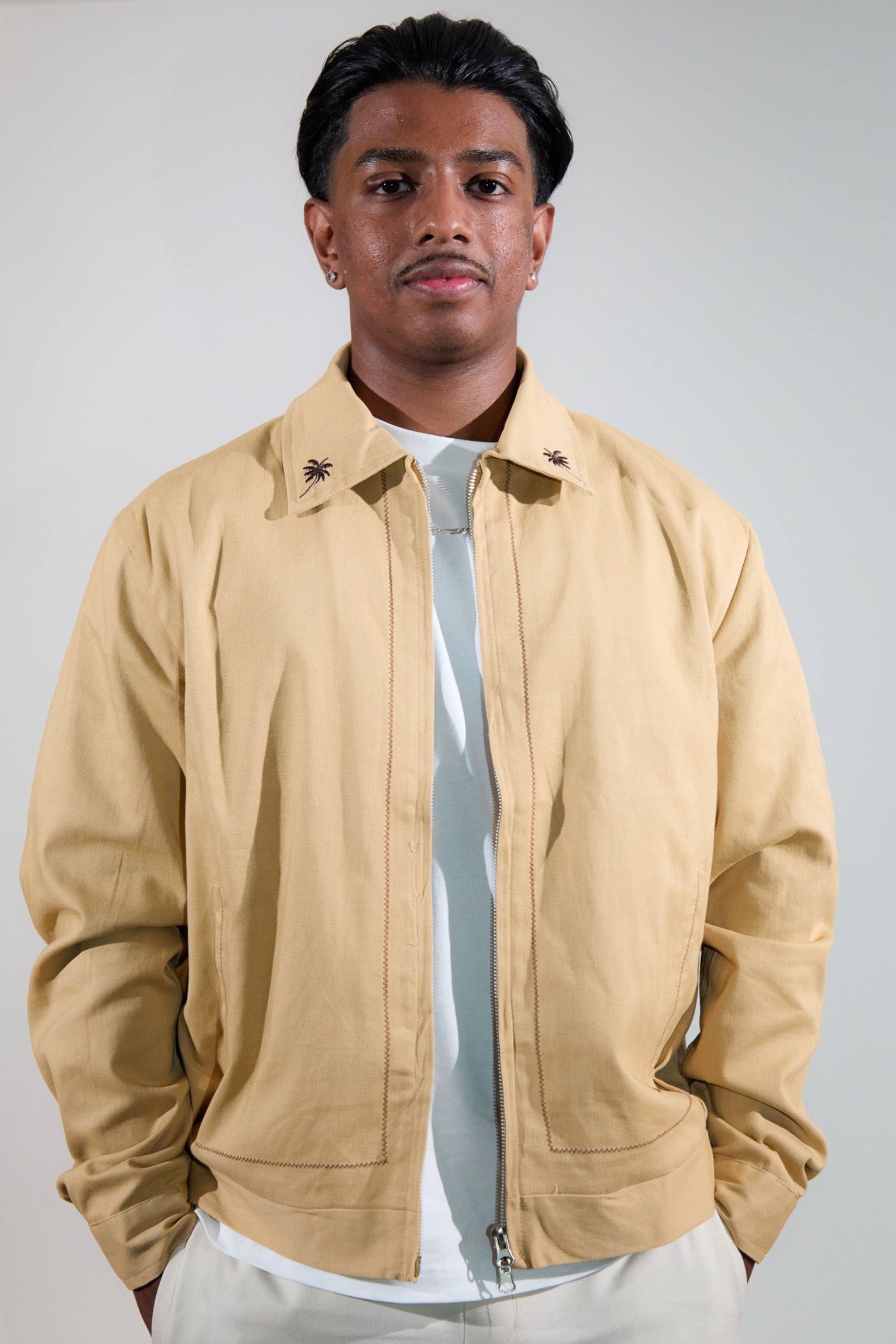 Latte Palmeraie Jacket by Nooltrends unisex cotton jacket with palm tree embroidery